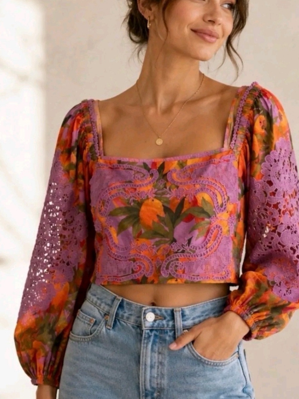 Mango Macaws Smocked Puff-Sleeve Blouse  purple lace square neck floral brocade